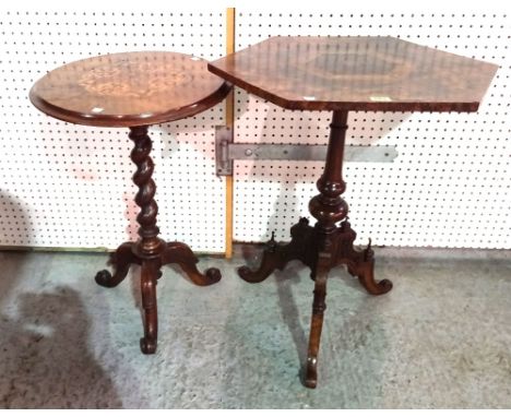 A Victorian burr walnut octagonal tripod table on turned column and three downswept carved supports, 53cm wide x 76cm high an