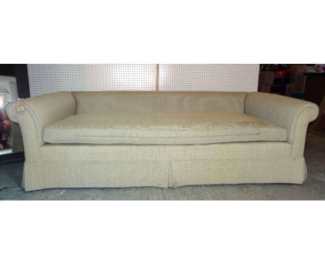 Nina Campbell, a 20th century three seater low sofa with rollover arms and grey upholstery, 210cm wide.  E7