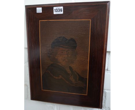 A micromosaic wooden plaque, early 20th century, depicting a bust of a Rembrandt, signed 'MB' in a rosewood frame (37cm x 28.