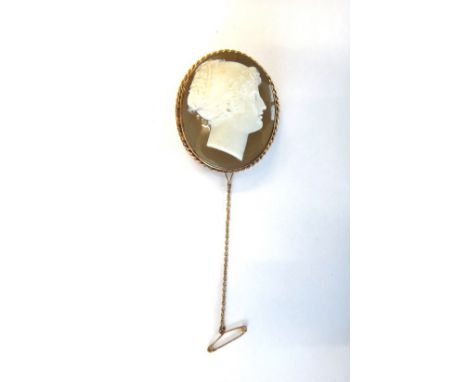 A gold mounted carved agate cameo brooch, carved as the portrait of a classical lady, within a ropetwist surround, detailed t