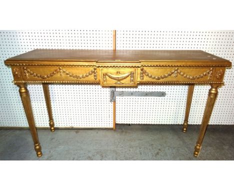 A Louis XVI style gold painted breakfront console table on reeded tapering supports, 143cm wide x 86cm high, (a.f).  A6