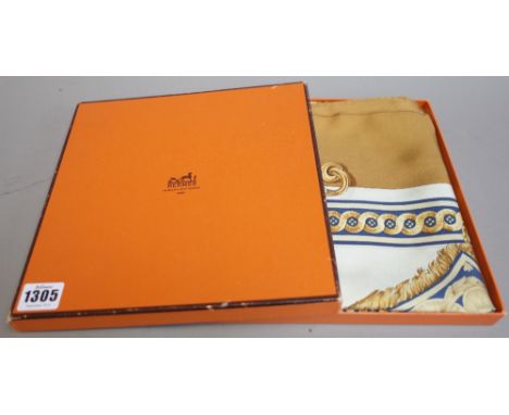 A Hermes 'Bride de Cour' silk scarf (90cm x 90cm), boxed, a Hardy Amies silk scarf and three further silk scarves, (5).