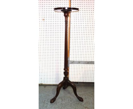 A late George III mahogany tripod table with fluted tapering column on later added ball and claw feet, 29cm wide x 105cm high