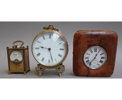 A white metal cased Goliath pocket watch with white enamel dial and subsidiary seconds hand, 7cm diameter, in a leather trave