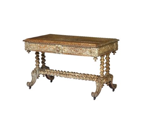 A Victorian carved light oak two drawer centre table on barleytwist columns and four scrolled supports, 130cm wide x 78cm hig