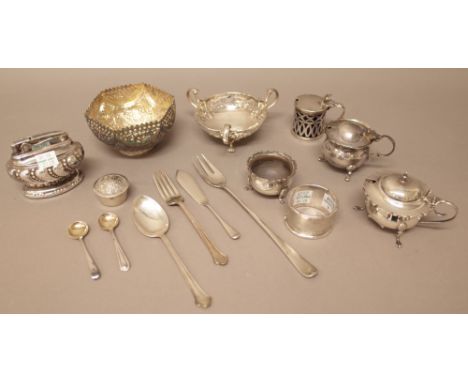 Silver, comprising; a three handled bonbon dish, a napkin ring, three mustard pots, two spoons, a salt, a pickle fork, a chri