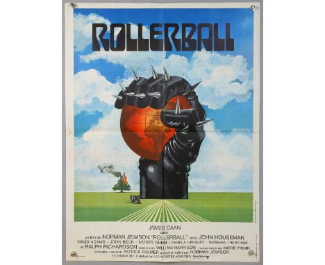 Two Rollerball (1975) French posters, art by Jouineau Bourduge, folded, 23.5 x 33 inches &amp; 47 x 63 inches (2).   