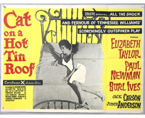 Cat On a Hot Tin Roof (R-1960's) British Quad film poster, starring Elizabeth Taylor &amp; Paul Newman, folded, 30 x 40 inche