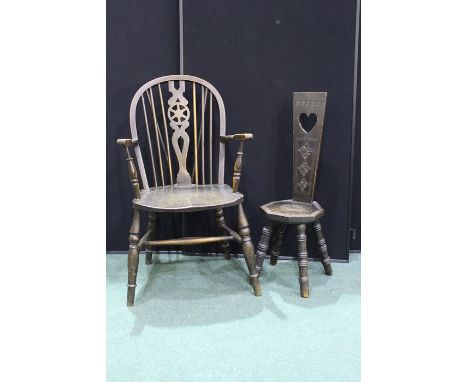 Windsor wheel back elbow chair with solid dished seat, on turned legs and stretchers, Welsh love chair on turned legs (2)