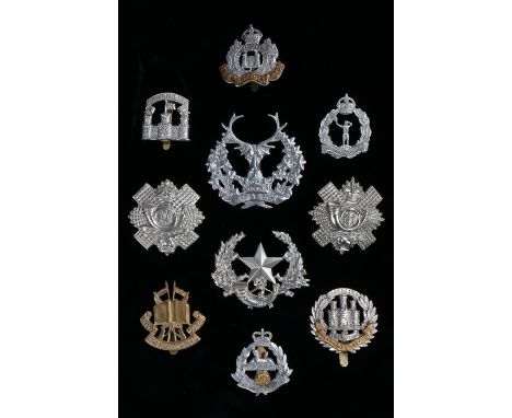 British Army cap badges from different periods, Highland Light Infantry, Suffolk Regiment, The Cameronians, Northamptonshire 