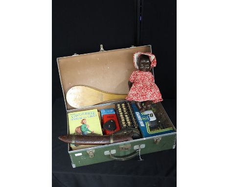 Metal mounted suitcase, containing children's books, souvenir knife and fork in a fish form scabbard, model mini, porcupine q