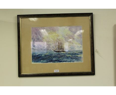Watercolour by the artist Jan Wasilewski of a four masted ship at sea, 36 cm x 26 cm (after the German invasion of Poland in 