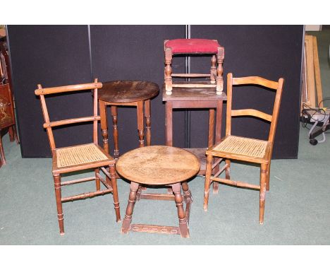 Furniture, to include an occasional table, a pair of caned chairs, a stool, another occasional table and an oak low table, (6