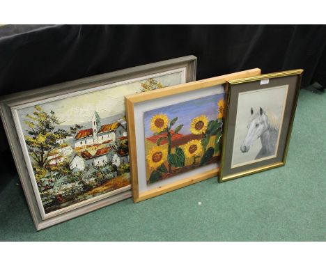 P Miller, portrait of a horse, together with an oil on canvas of a landscape and an oil painting of sunflowers, (3)