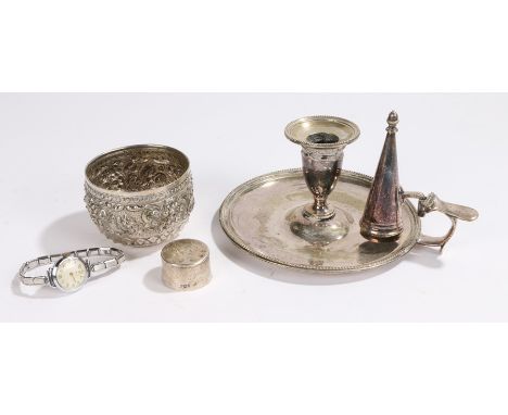 Silver plated chamber stick, together with a silver bottle cap a ladies wristwatch and a white metal Indian pot, (4)