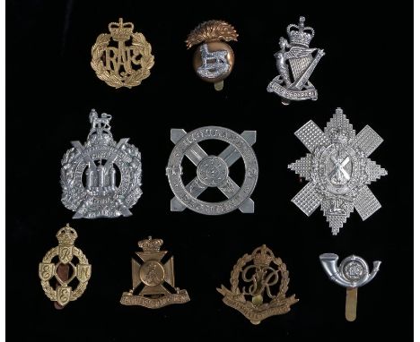 British Army cap badges from different periods, The Wiltshire Regiment, Royal Ulster Rifles, Highland Regiment, Kings Own Sco
