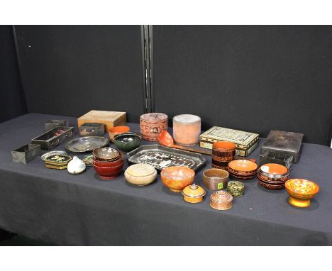 Lacquered ware to include bowls, pots and covers, a ladle, tray etc. (qty)