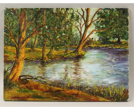 An oil painting by the artist Jan Wasilewski of trees by a riverbank, 60 cm x 45 cm,( After the German invasion of Poland in 
