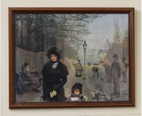 Print "Spring Morning, Haverstock Hill" original by Sir George Clausen, in a dark stained frame, 67.5cm by 54cm