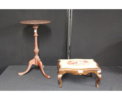 Victorian rosewood footstool, with floral tapestry top, on cabriole legs, fan marquetry inlaid circular top occasional table 