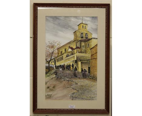 Watercolour by the artist Jan Wasilewski of people going to church at S.Estoban Gormaz, 30 cm x 48 cm (after the German invas