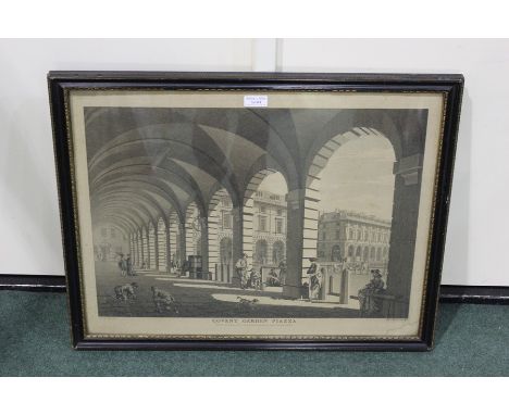 Black and white print, Covent Garden Plaza, housed in a gilt and ebonised frame, the print 57cm x 44cm