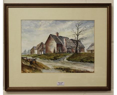 Watercolour by the artist Jan Wasilewski of Derelict Cottages, 35 cm x 25 cm (after the German invasion of Poland in World Wa