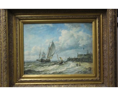 Coloured print after A. Hulk depicting sailing boats off a coastline, housed in a substantial foliate and scroll decorated fr
