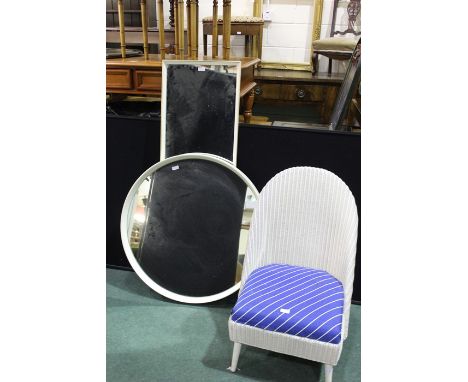 Lloyd loom style bedroom chair, circular mirror with white frame, 79cm diameter, rectangular mirror with white frame, 41cm x 