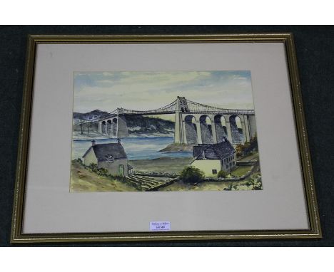 A watercolour by the artist Jan Wasilewski of the Menai Bridge, North Wales, 34 cm x 25 cm .(after the German invasion of Pol