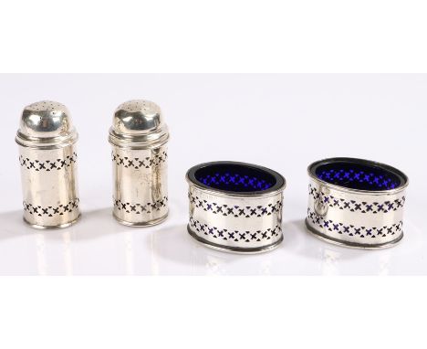 George V silver condiment set, Birmingham 1929, makers William Hutton &amp; Sons Ltd. consisting of two salts with blue glass