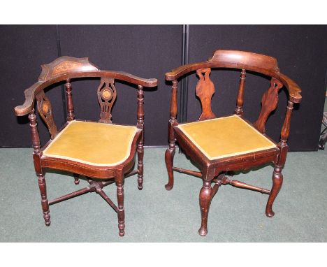 Edwardian corner chair, with marquetry inlaid cresting rail and splat backs, shaped seat, on turned legs and stretchers, Edwa