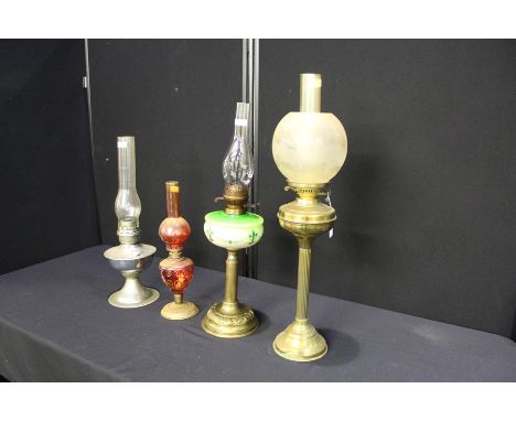 Oil lamp with frosted glass shade and reeded brass stem, red glass oil lamp, oil lamp with fleur de lis and swag decorated re