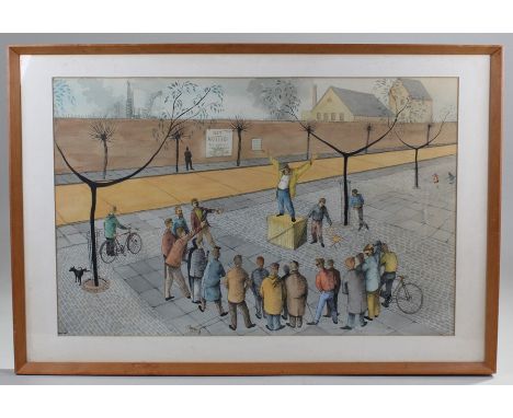 Walden print depicting an orator on a soapbox, housed in a light wood frame, the print 79cm x 54cm 
