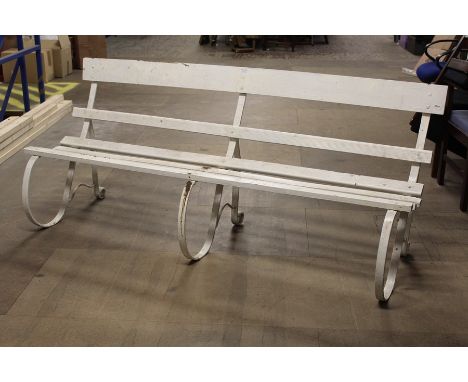 Wrought iron garden bench, with white painted slatted back and seat
