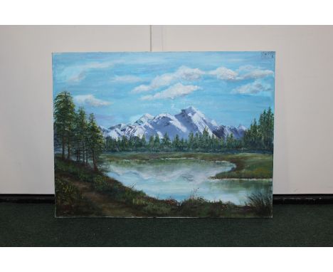 Oil on canvas by the artist Jan Wasilewski entitled 'The Lake and the Mountains', 61 cm x 46 cm.(after the German invasion of