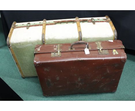 Bentwood and canvas cabin trunk, brown leather effect suitcase (2)