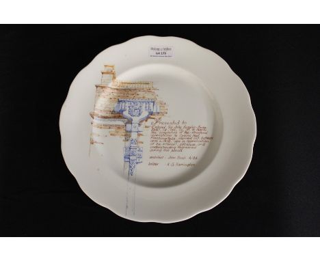Hand painted dinner plate, the architectural design inscribed "Presented to Colonel Sir John Ruggles-Brise BART, CB, OBE, TD,