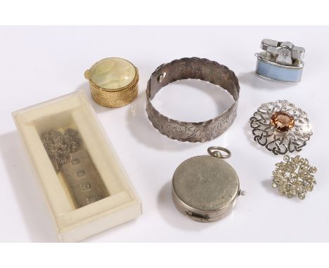 White metal ingot pendant, together with a silver bracelet a compass and costume jewellery, (qty)