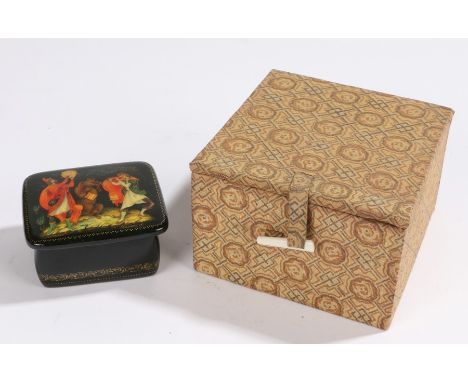 Russian lacquered snuff box and cover, with depiction of two musicians and a dancing bear, housed in a fabric box