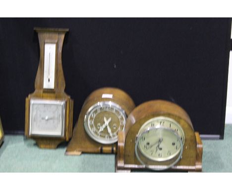 Two oak cased mantel clocks, oak cased barometer/thermometer (3)