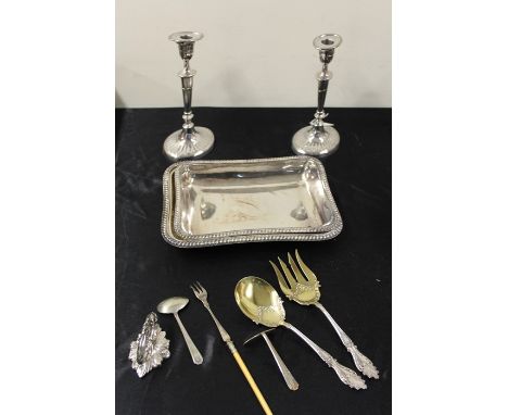 Pair of Walker &amp; Hall plated candlesticks, tureen and cover with detachable handle, pair of serving spoons, spoon and pus