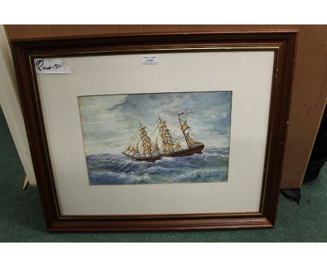 Watercolour by the artist Jan Wasilewski of a ship in rough seas, 35 cm x 24 cm (after the German invasion of Poland in World