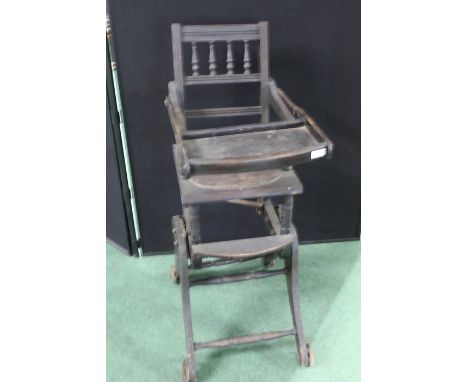 Child's metamorphic high chair/rocking chair, with turned spindle back and pierced seat