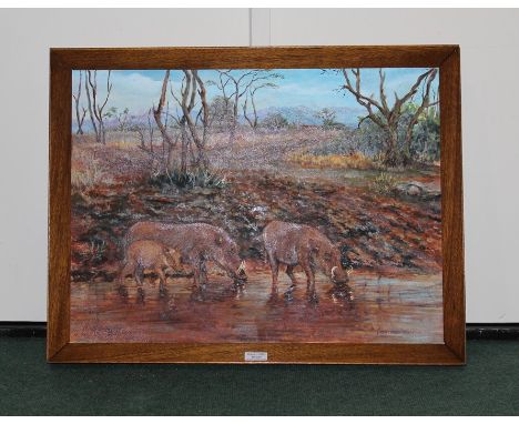Oil on canvas by the artist Jan Wasilewski of warthogs at a watering hole, 60cm x  44.5cm (after the German invasion of Polan
