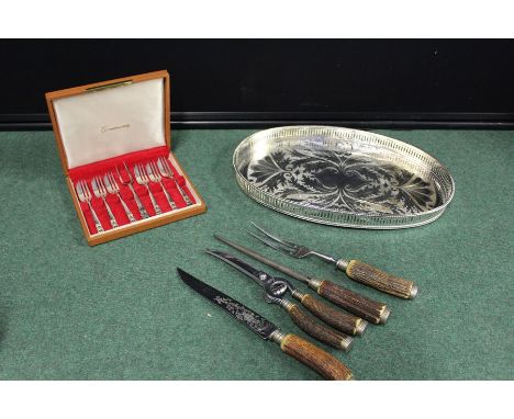 Antler handled carving set, consisting of carving knife, fork, steel and shears, set of six Community plate cake forks and se