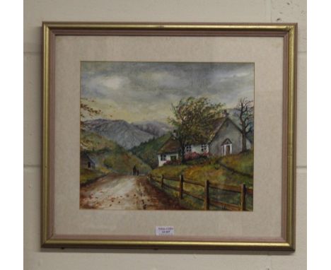 A watercolour by the artist Jan Wasilewski of a man and child walking by a picket fence, 34 cm x 29 cm, ( After the German in
