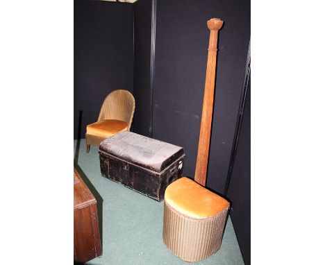 Furniture, to include a Lloyd Loom chair and basket, a lamp and a tin trunk, (4)