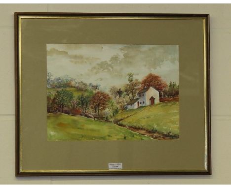 Watercolour by the artist Jan Wasilewski of a pathway leading to a white house, 34 cm x 24 cm (after the German invasion of P