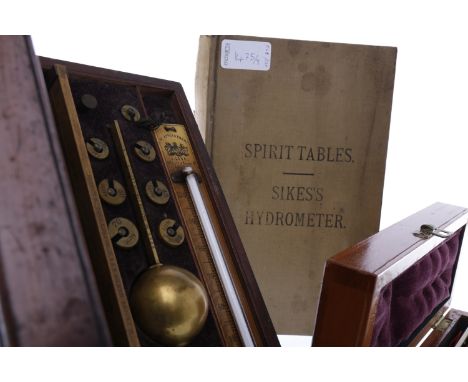 EARLY 20TH CENTURY SIKES'S HYDROMETERnumbered 26277, by Joseph Long, London, with weights, mercury thermometer, and a sliding